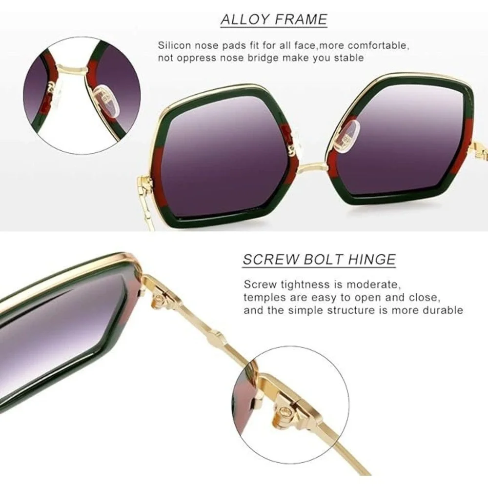 Women Oversized Hexagonal Sunglasses Green Red Stripe Gold Frame UV400 Gradient‎